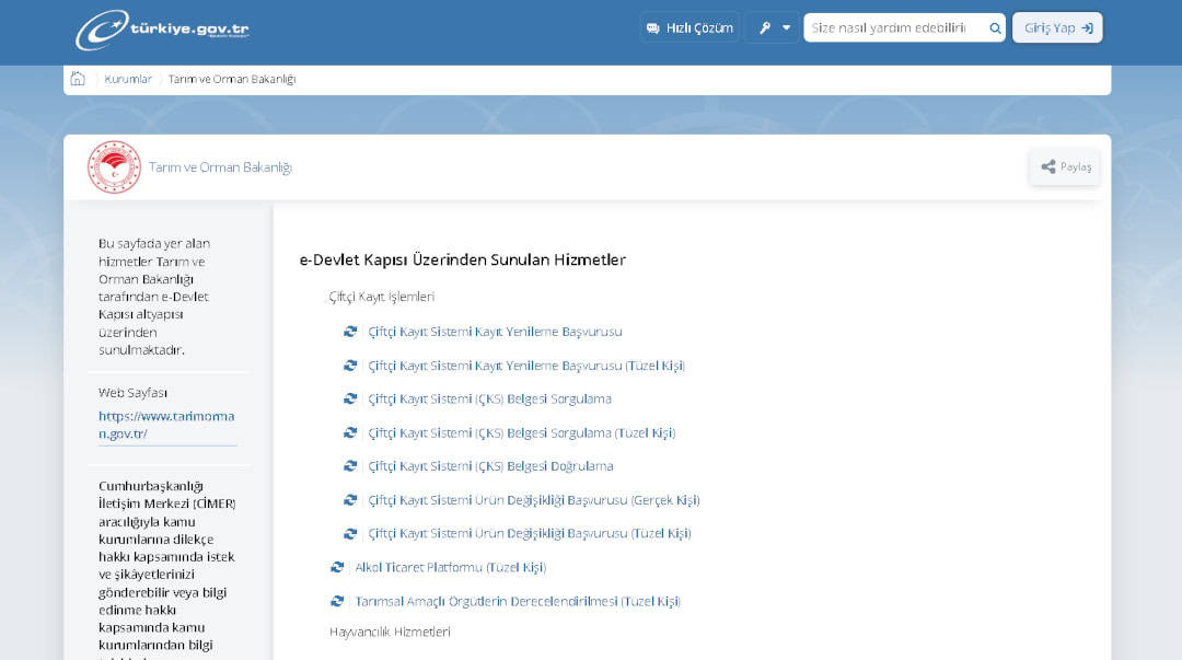 e-Devlet Tarımsal Destek Ödemeleri sayfası